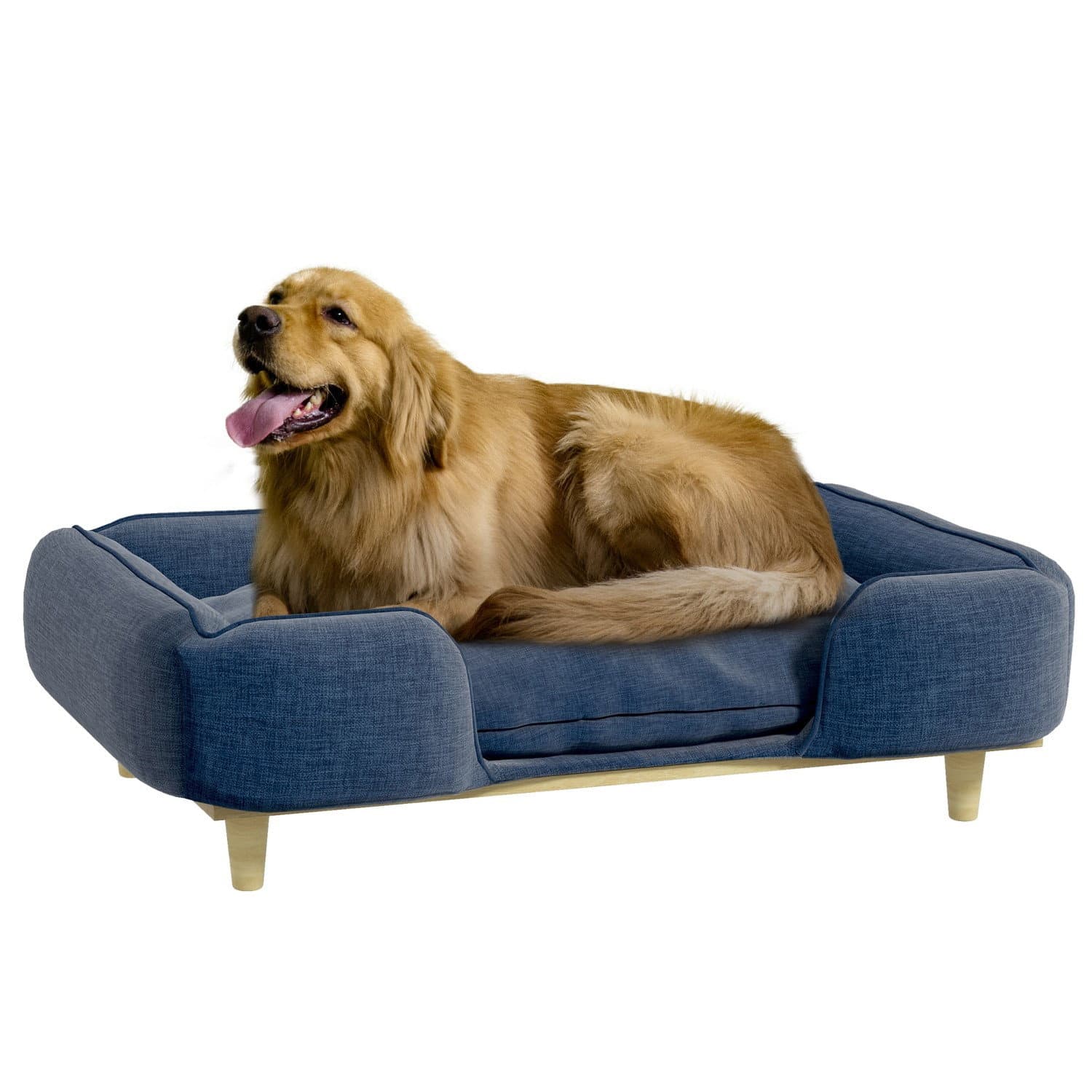 Dunkelblaues Hundesofa mit Holzbeinen, 96x66x24 cm