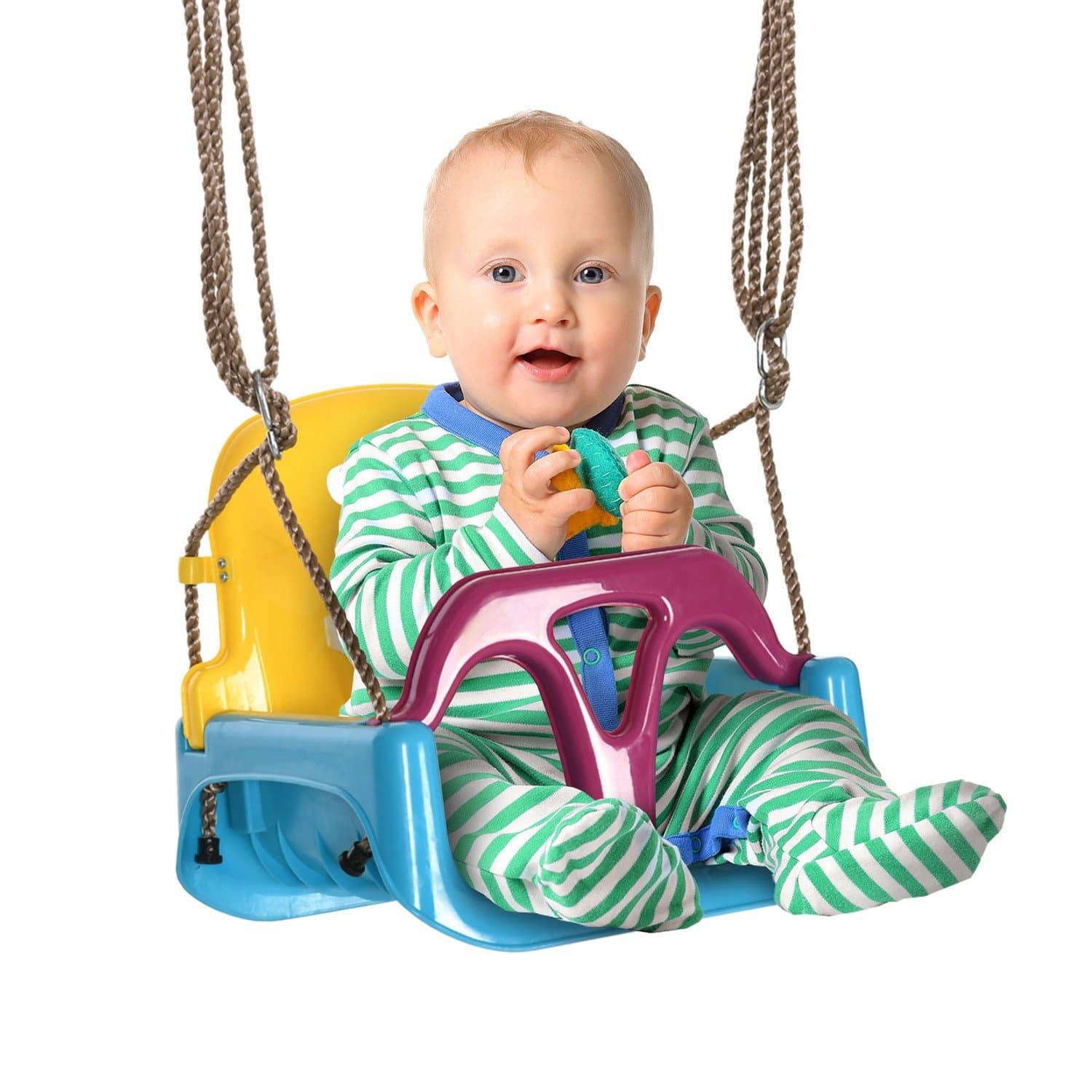 Verstellbare Babyschaukel ab 9 m in Blau/Gelb/Lila