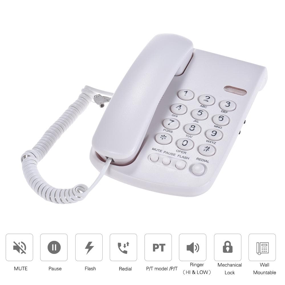 Tragbares schnurgebundenes Telefon mit mechanischem Schloss, an der Wand montierbarer Hörersockel weiß