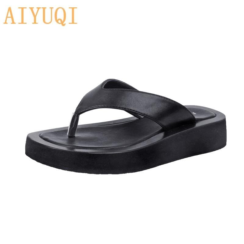 Frauen Hausschuhe Outdoor Sommer Echtes Leder Flip-flops Frauen Anti-skid Trend Pinch Strand Rutschen Damen cm schwarz