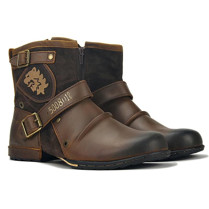 Männer Schuhe Stiefel Warme Leder Vintage Motorrad Männer Stiefel Reiten Retro Metall Schnalle männer Ankle High Top Stiefel cm kaffeebraun