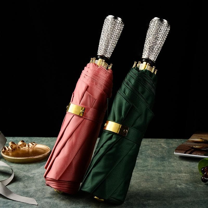 Regenschirm mit diamantbesetztem Griff für Damen, faltbar, Wetterregenschirm, Satin, leicht, luxuriös, einfarbig, literarisch, kreativ, dreifach
