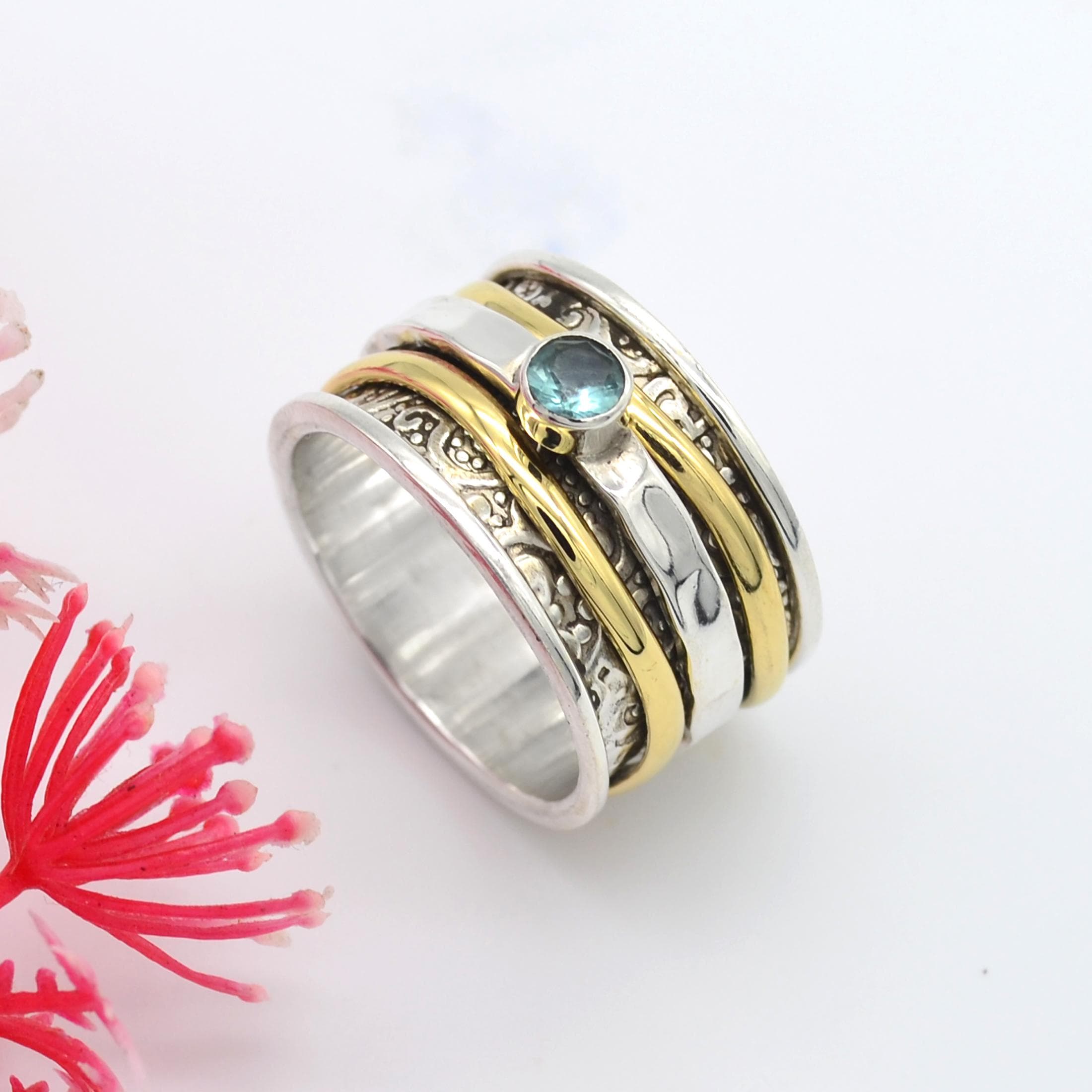 925 Sterling Silber Schmuck Handgefertigter Ring Blauer Topas Edelstein Spinnerring Vermittlungsring für Männer blau