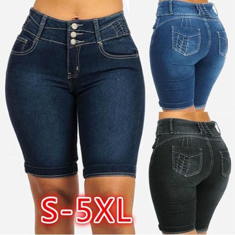 Jeans Damen Plus Size Denim Shorts Hosen Skinny Slim Fit Kurze Jeans cm schwarz