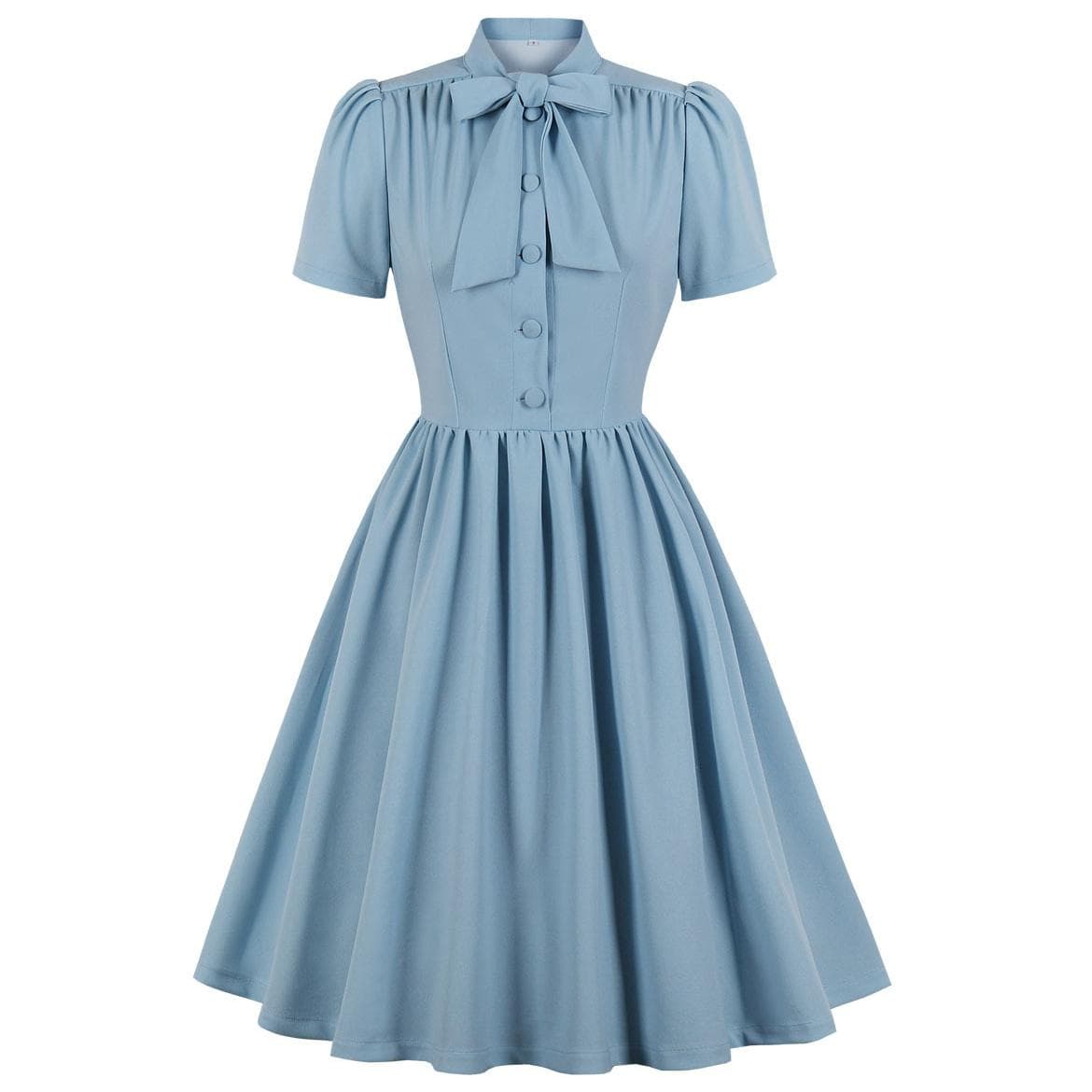 Damen Vintage 50er-Jahre-Swingkleid, Schleife am Ausschnitt, Knopfleiste vorne, kurze Ärmel, Skater-Midi, edel, Partykleidung, Arbeit, Alltag,