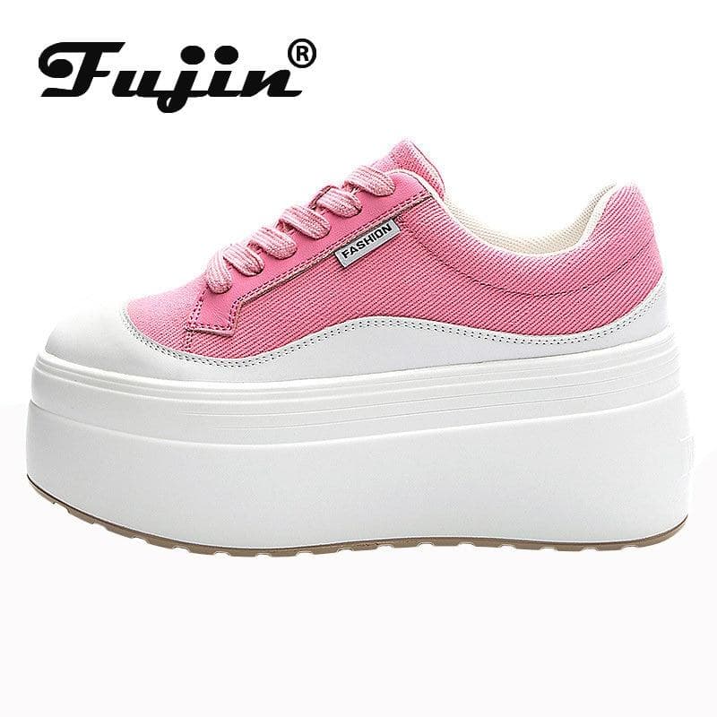 Fujin 8cm Neue Leinwand Echtes Leder Frauen Mode Turnschuhe Plattform Schuhe Keil Versteckte Ferse Damen Sommer Gemischt Farbe Vulkanisieren cm weiß