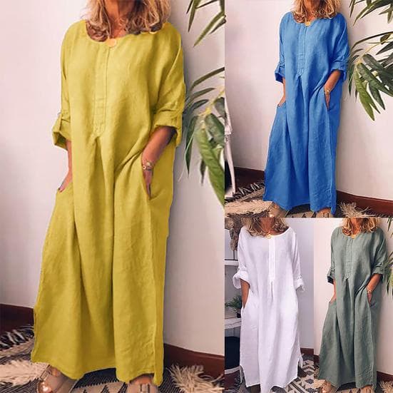 Neueste Frauen Vintage Einfarbig Langarm O Hals Taschen Maxi Kleid Tunika Kaftan cm blau