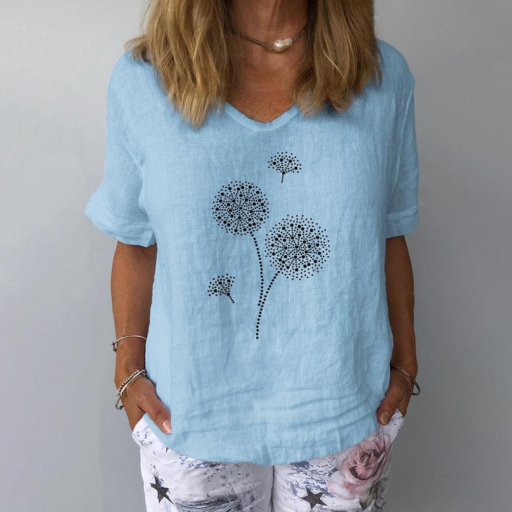 Damen (M-3XL) Sommer V-Ausschnitt Kurzarm Print Baumwolle Leinen T-Shirt Bluse Top cm navy blau
