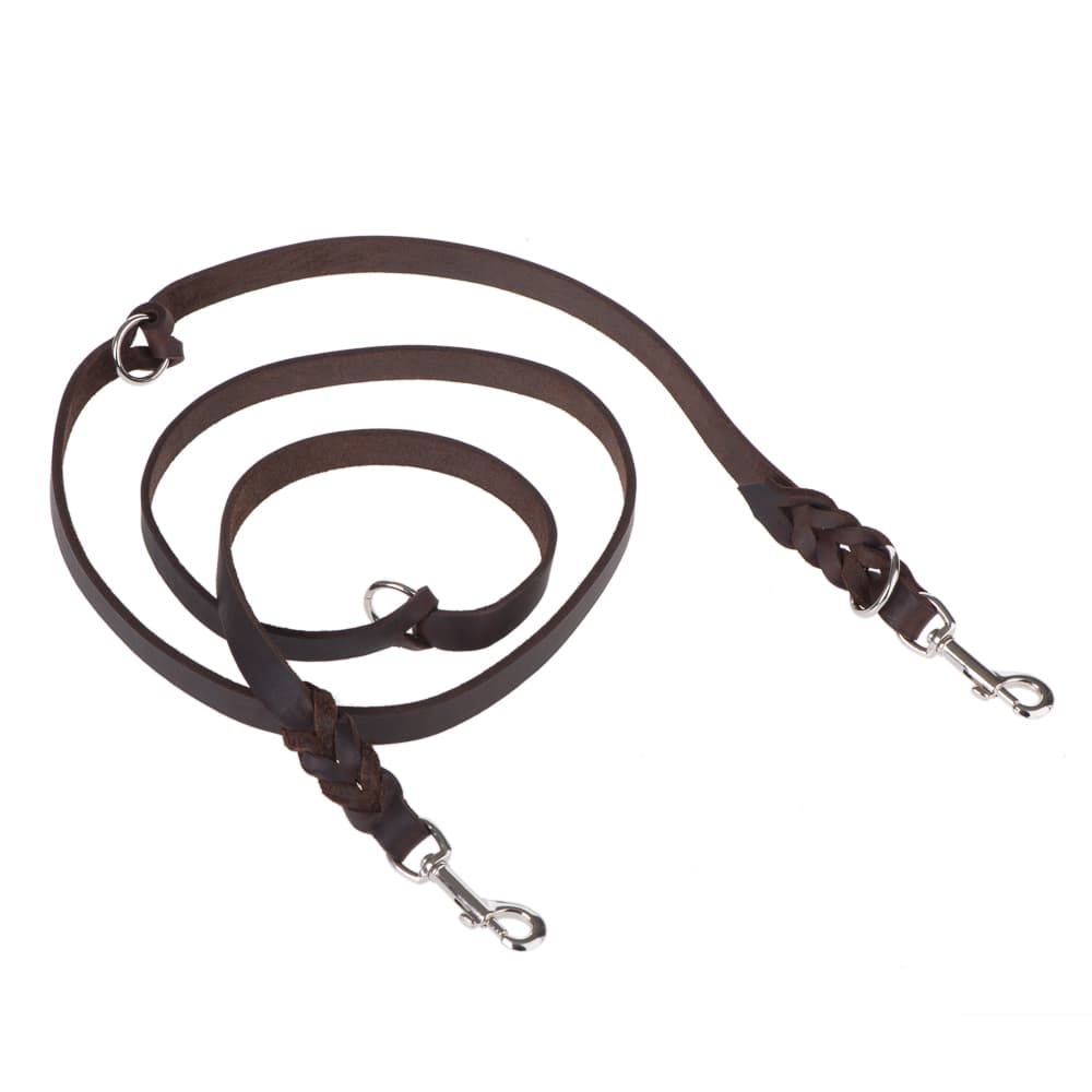 Heim Lederleine mit eingeflochtenem Karabiner, braun - Doppelleine: 220 cm lang / 18 mm breit