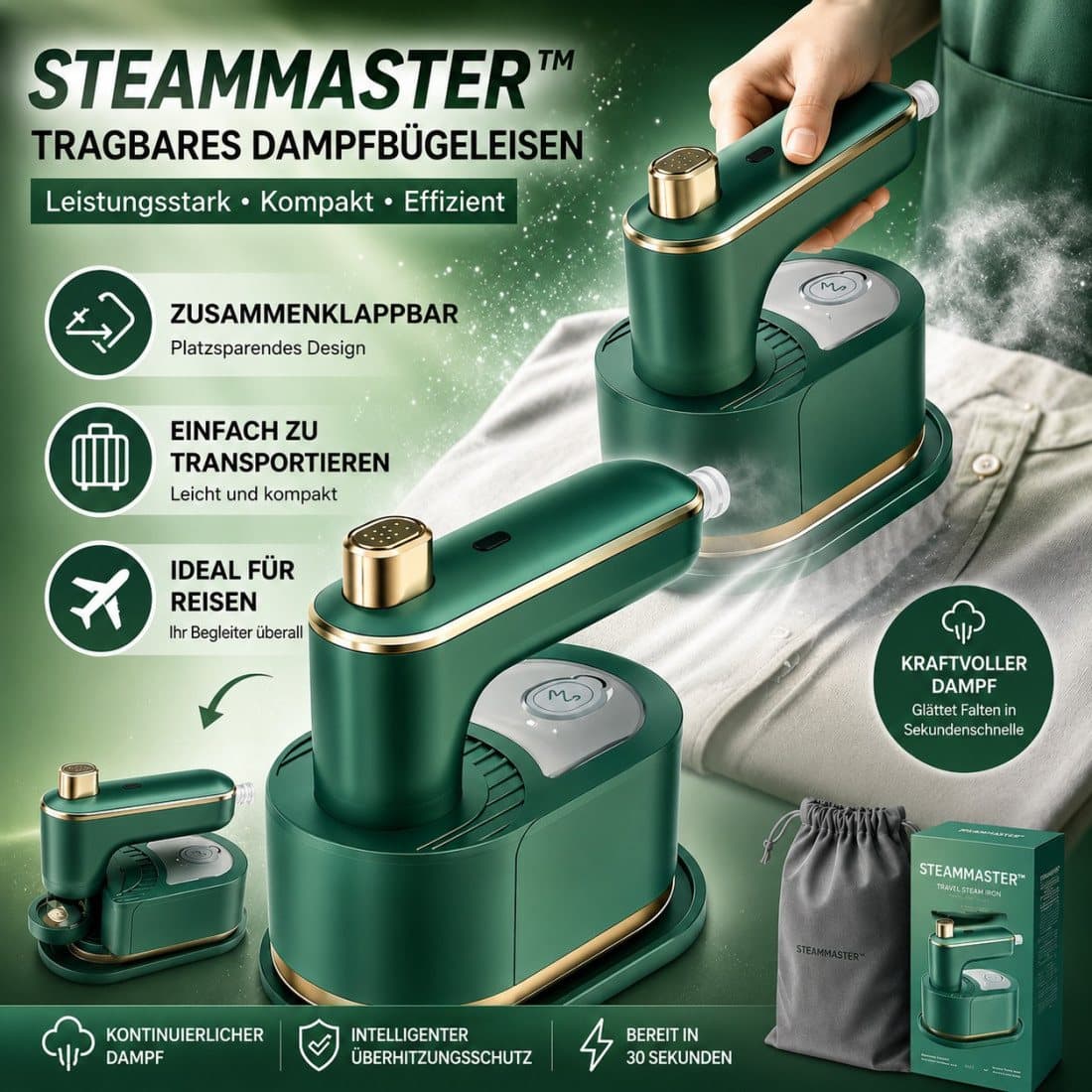 SteamMaster™ - Tragbares, zusammenklappbares Dampfbügeleisen
