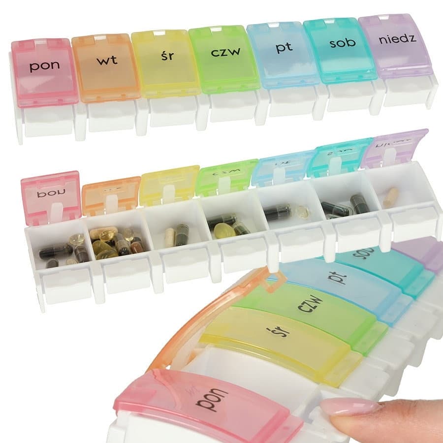 Scatola per medicinali settimanale con 7 scomparti colorati