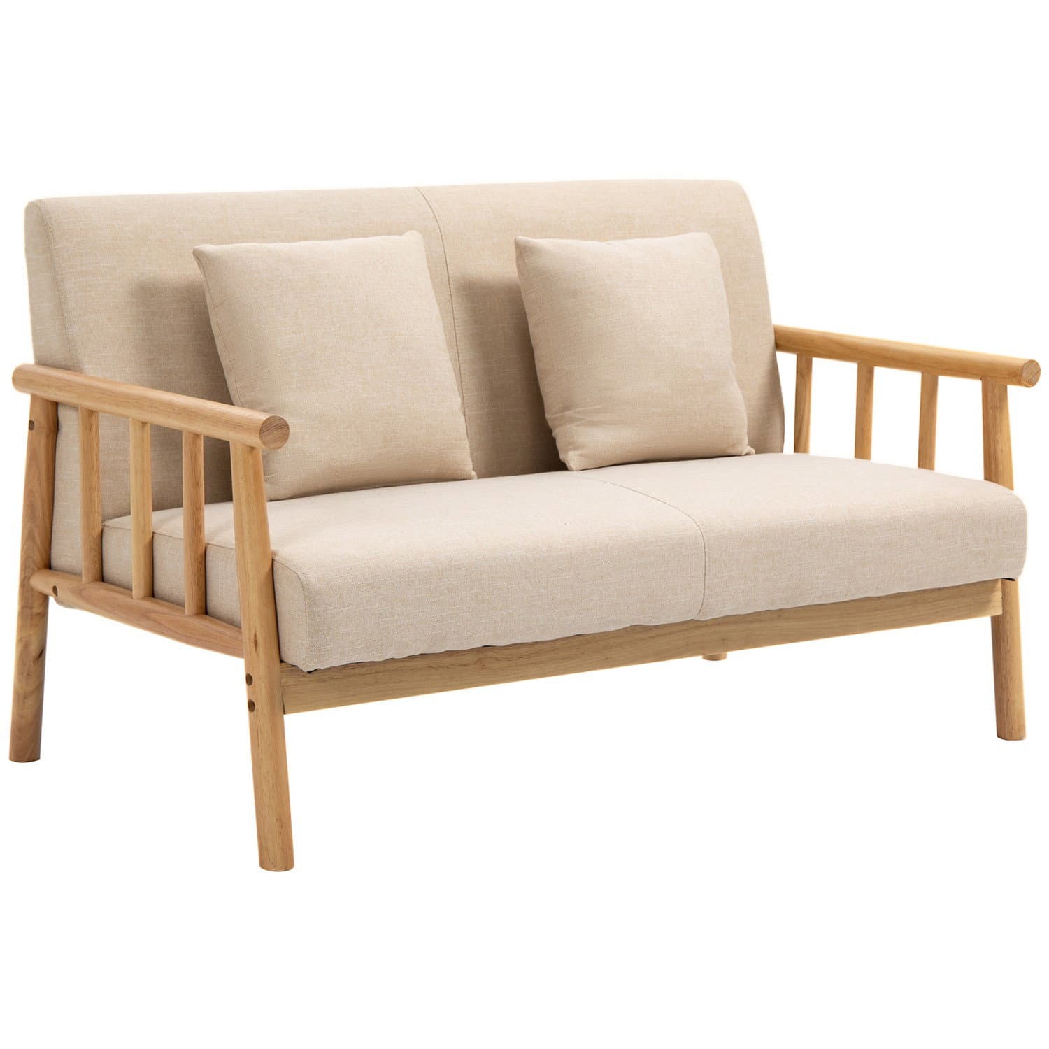 Canapé 2 places beige avec coussins lombaires aspect lin