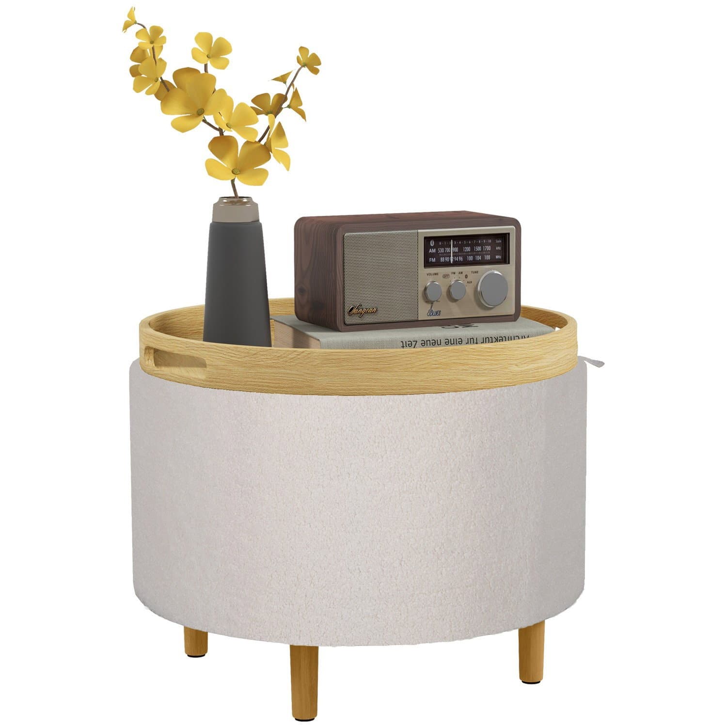 Weißer runder Ottoman mit Stauraum, Holzbeine, modern