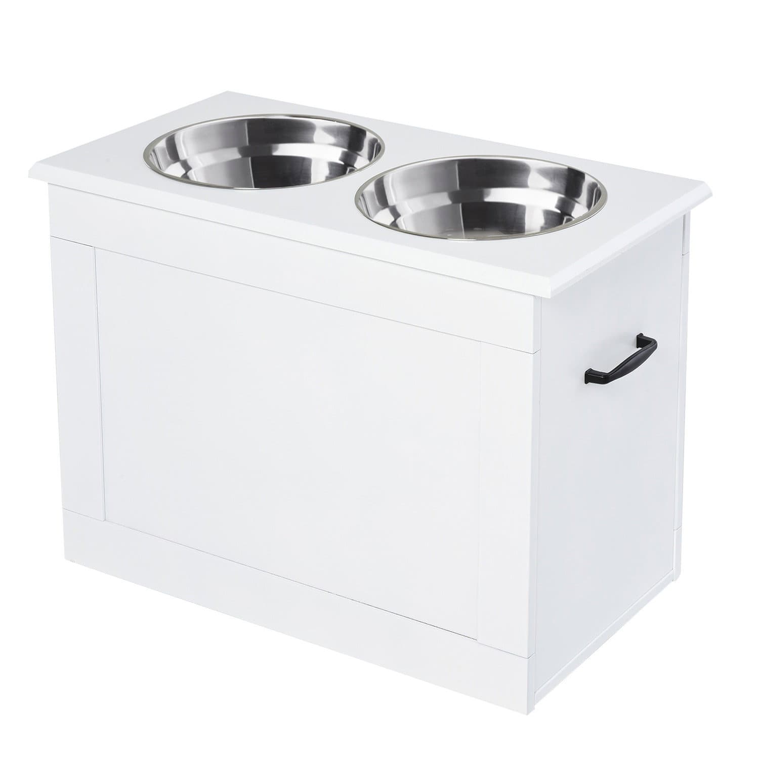 Station de nourriture pour chiens blancs avec rangement, 2 bols en acier inoxydable