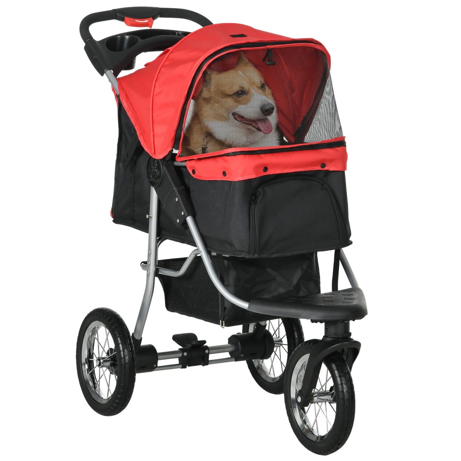 Poussette pliable pour chien et chat 3 roues rouge/noir