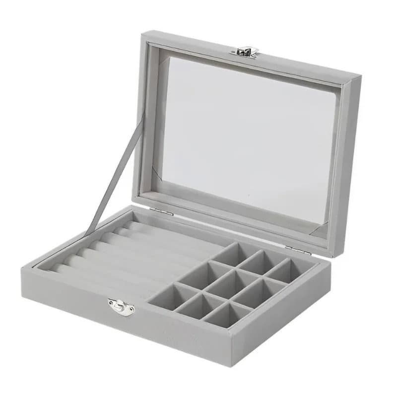 Herzberg HG-05361: Samt-Schmuckorganizer mit Glasdeckel, 9 Fächer + 7 Ringfächer