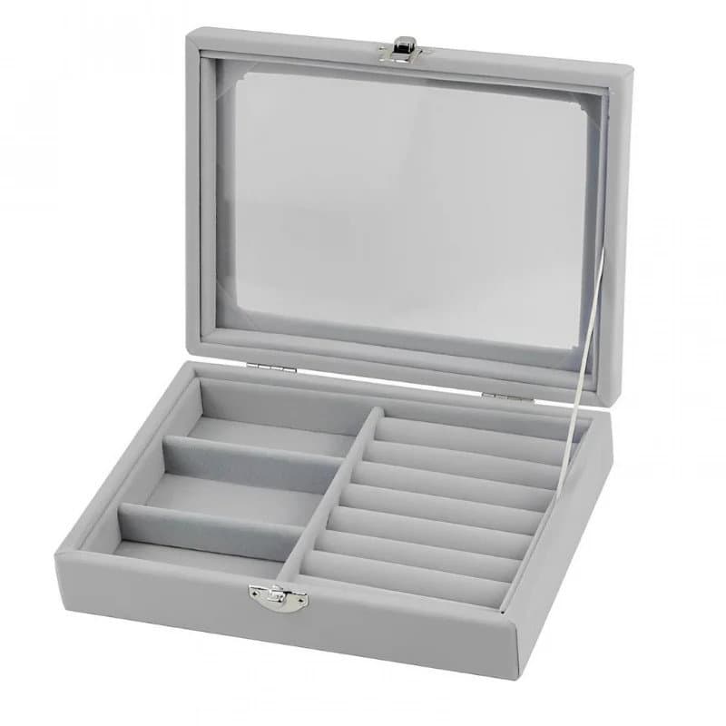 Herzberg HG-05330 : Organisateur de bijoux en velours avec couvercle en verre, 3 grilles + 7 emplacements pour anneaux