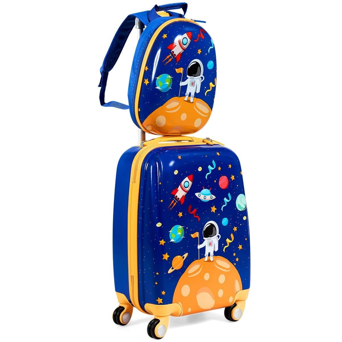 2tlg. Kinderkoffer + Rucksack aus Kunststoff Kindertrolley Kindergepäck Astronauten