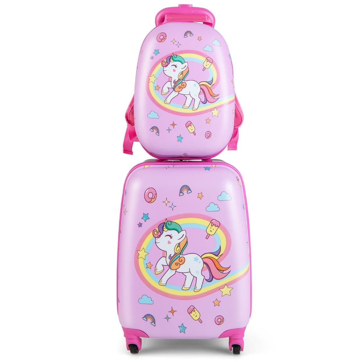 Kinderkoffer Rollender Hartschalen-Koffer 2-Teiliges Handgepäck-Set mit Spinner-Rädern Rosa