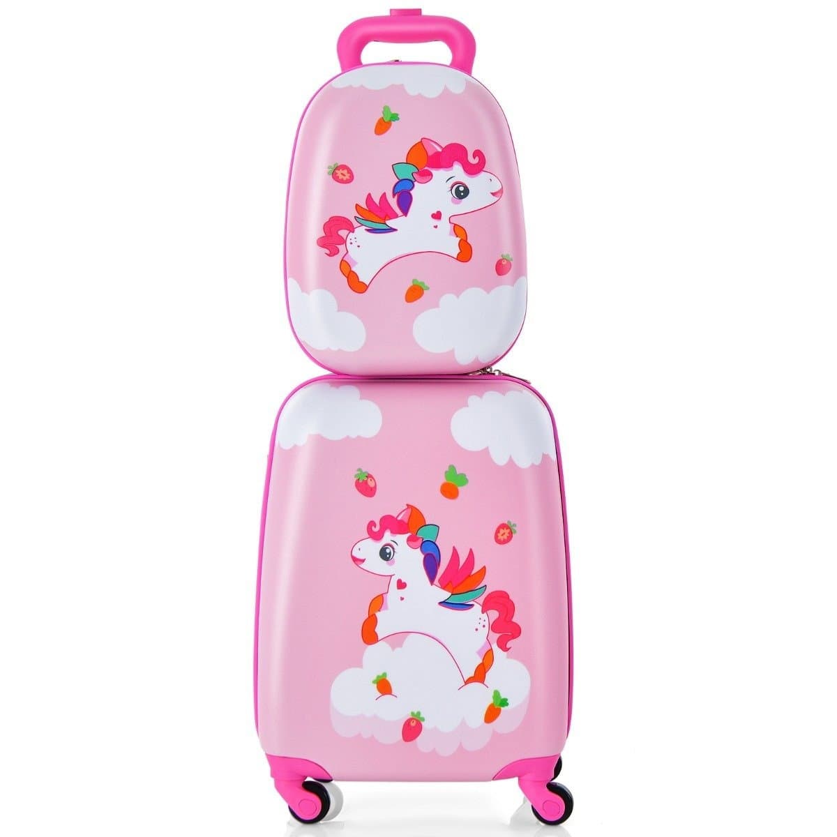 Valise enfant 2 pièces + sac à dos en plastique trolley enfant bagage enfant 12"+16" licorne rose