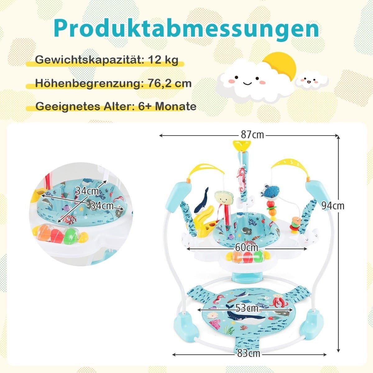Baby Sky Jumperoo con altezza regolabile, giocattoli e girello carillon azzurro