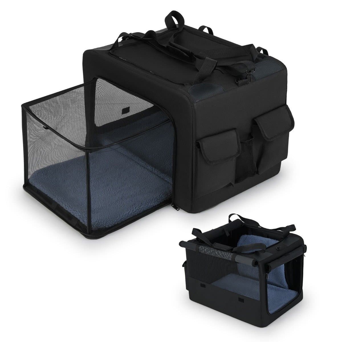 Sac de transport pliable pour animaux de compagnie avec double ouverture et panier en filet