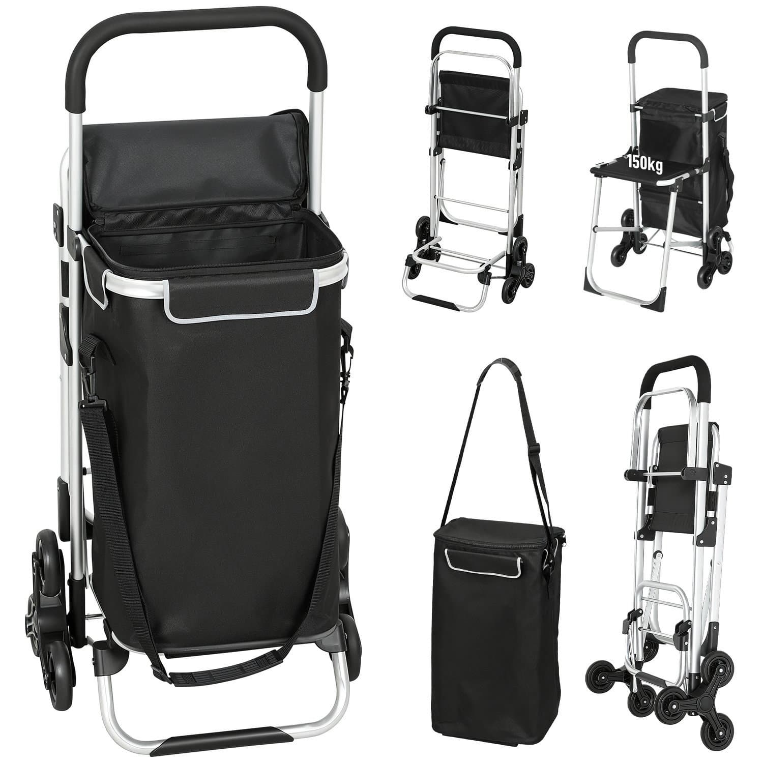 Carrello della spesa, borsa da 40 litri, 3 ruote, telaio in alluminio, sedile