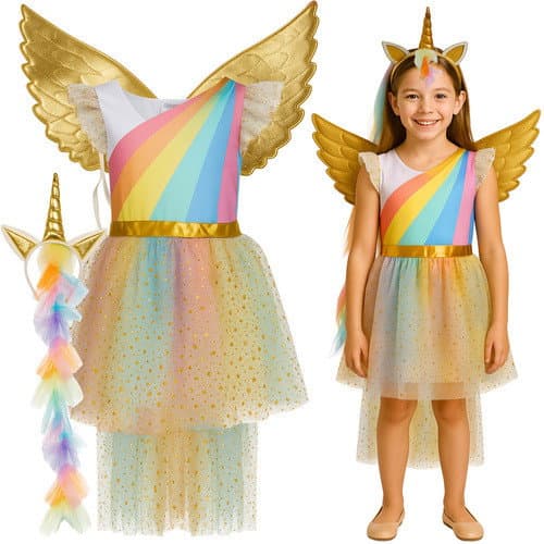 Costume da unicorno per bambini, set vestito, ali e cerchietto