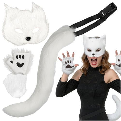 Ensemble de costume chat/renard blanc 4 pièces – Masque, queue, pattes