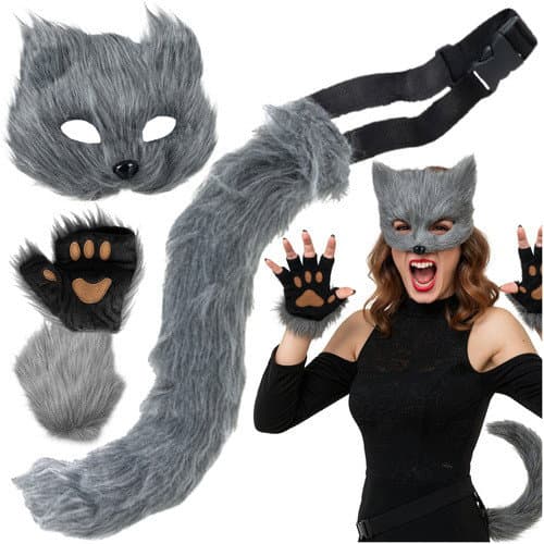 Ensemble de costume de chat/renard gris 4 pièces – Masque, queue, pattes