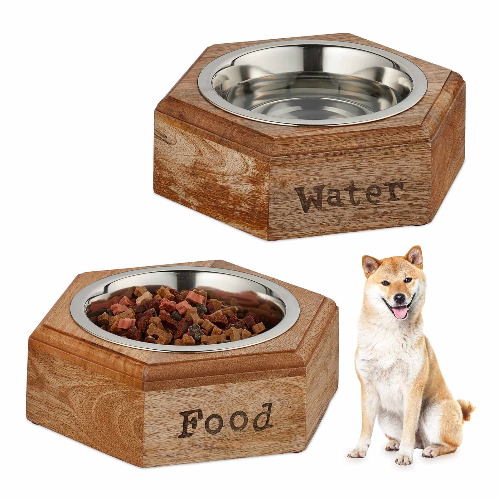 Set ciotola per cani con supporto in legno